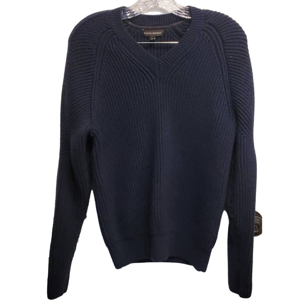 Banana Republic Women's Thick Blue Ribbed V-Neck Pullover Sweater Size Medium